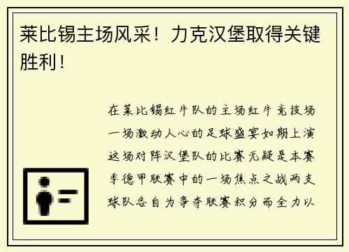 莱比锡主场风采！力克汉堡取得关键胜利！